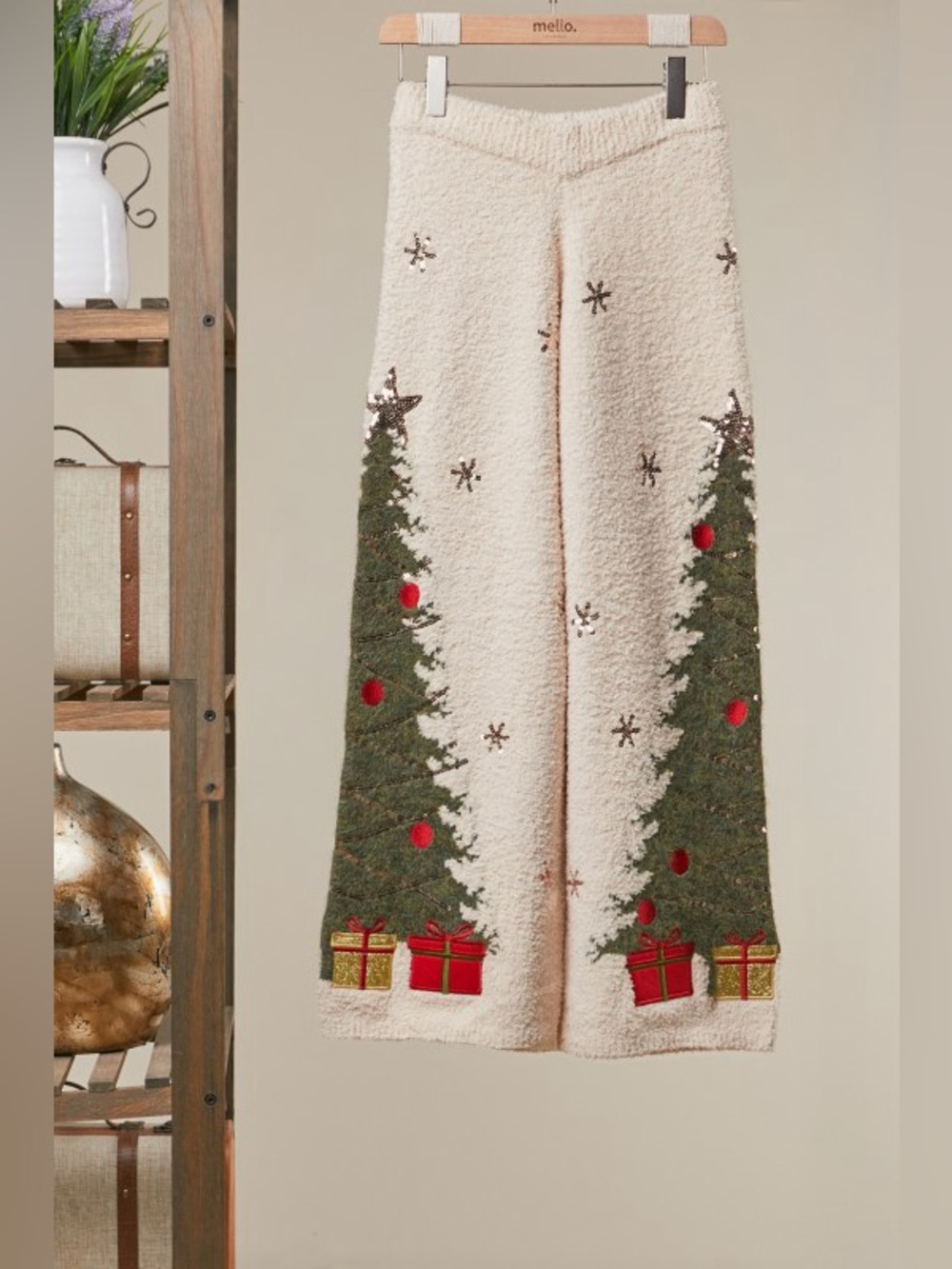 New🔥Mello Cozy Cream Holiday Tree Embroidered Wide Leg Pants